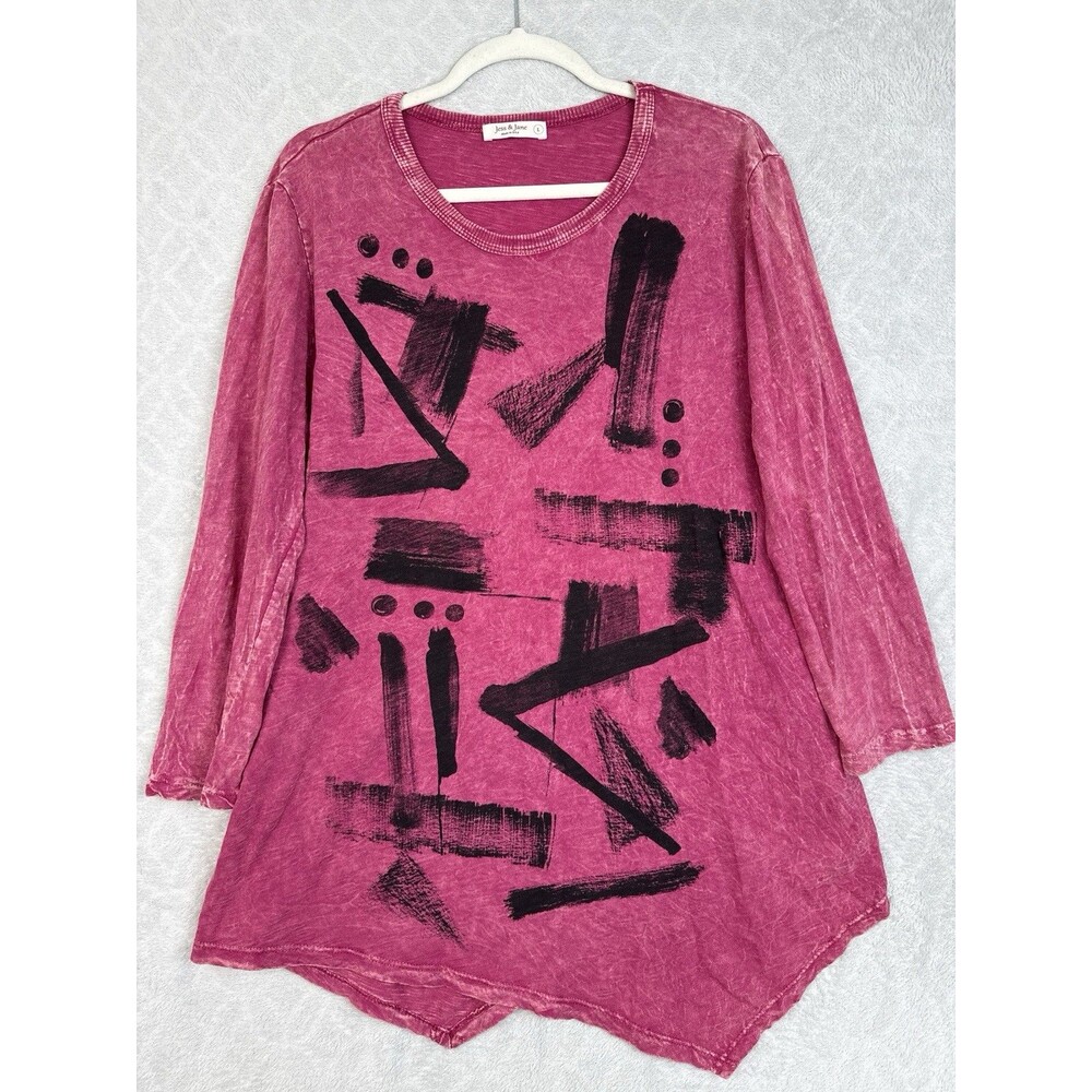 Jess & Jane Mineral Wash Tunic Large Red Asymmetrical Abstract Artsy Lagenlook